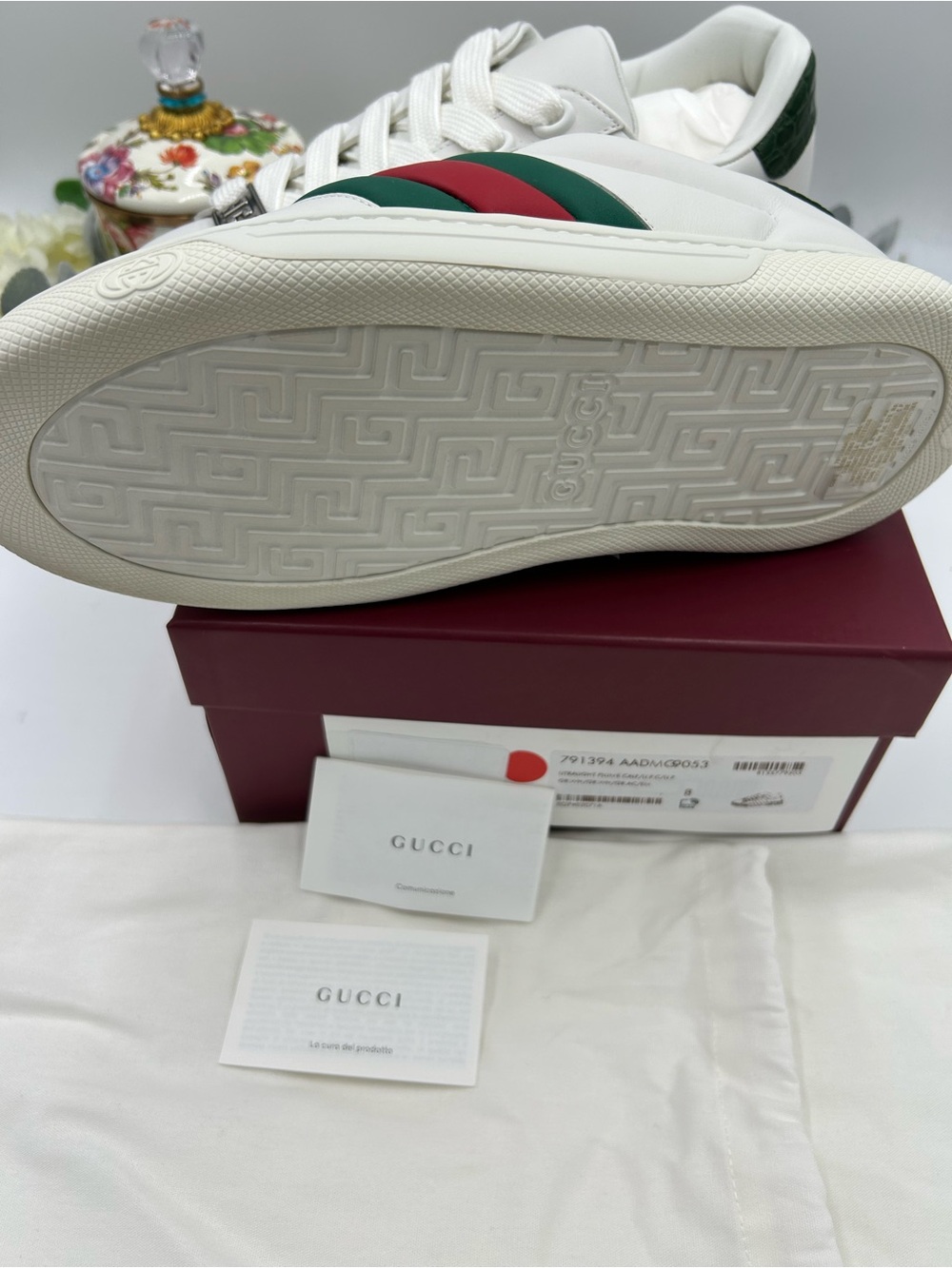 Men's Gucci ACE size 8 fits 9 US Leather sneakers with Green & Red Web Stripe - Picture 6 of 10